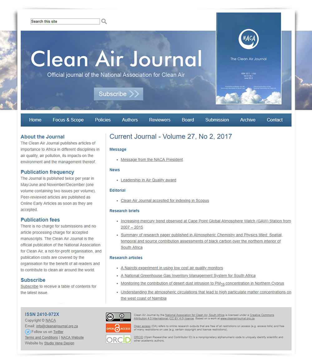 Clean Air Journal website home page