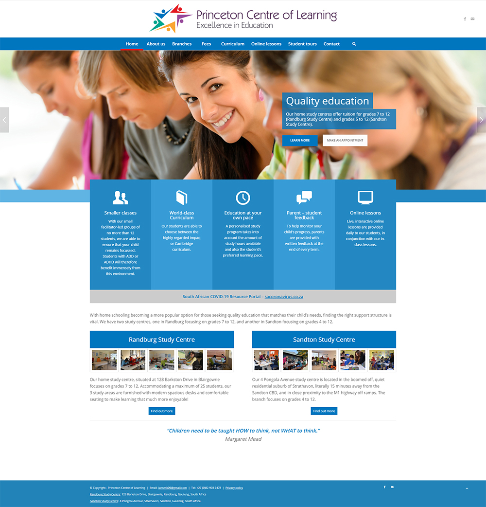 Princeton Centre of Learning website home page