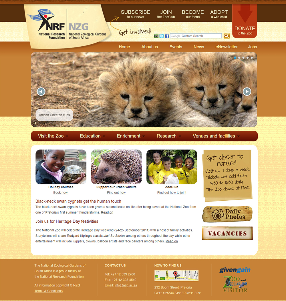 National Zoological Gardens website home page